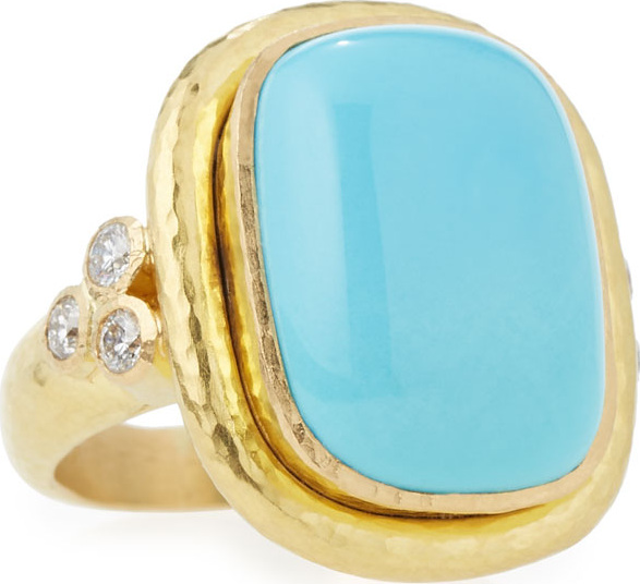 Elizabeth Locke 19K Gold Cushion-Cut Turquoise Ring with Diamonds
