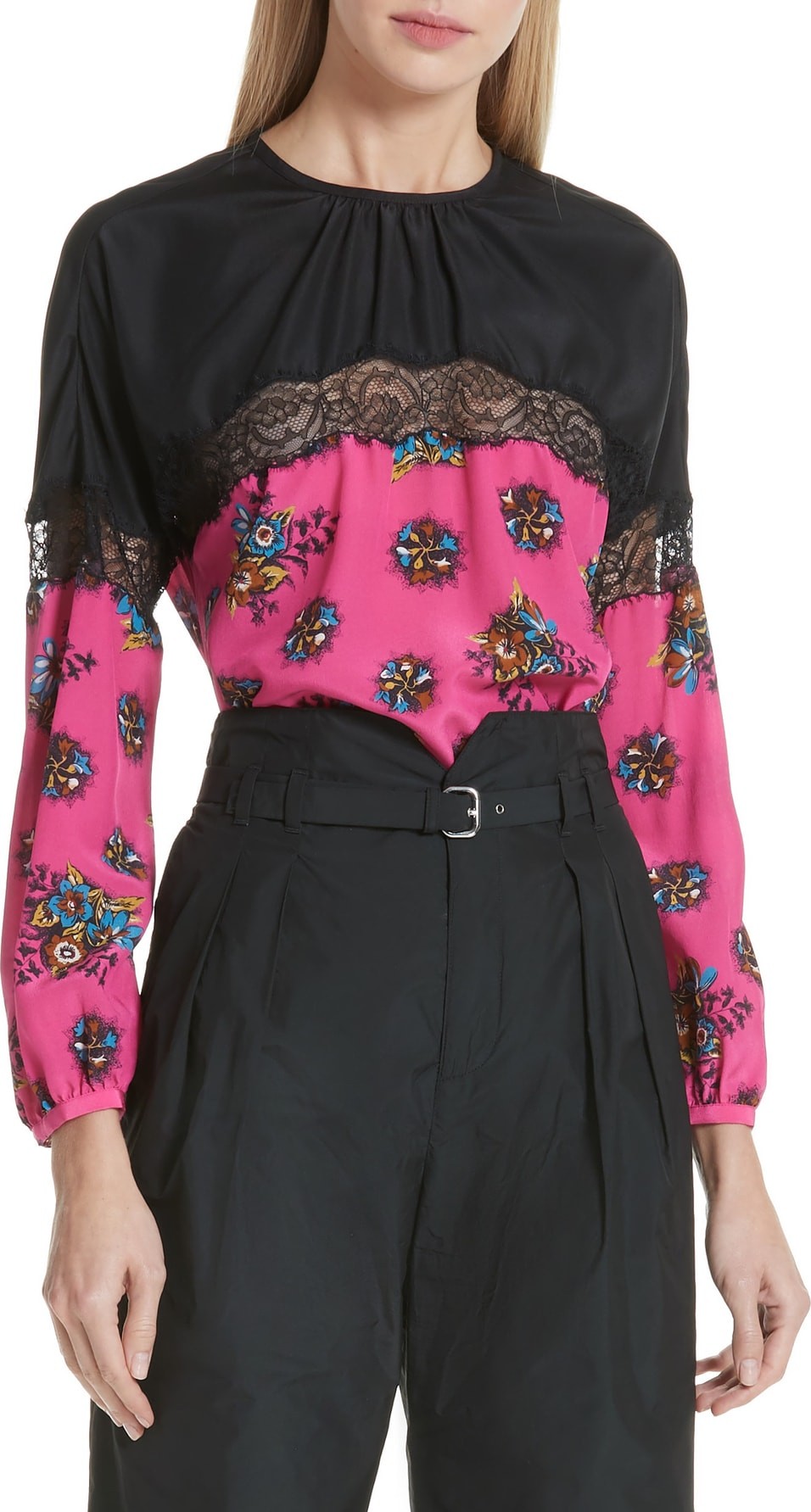 RED Valentino Floral Print Lace Trim Silk Blouse