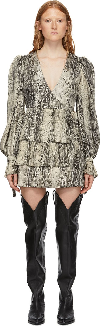 WANDERING Beige & Black Twill Plisse V-Neck Dress