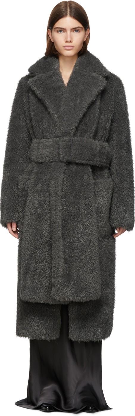 Helmut Lang Grey Faux-Fur Shaggy Belted Coat