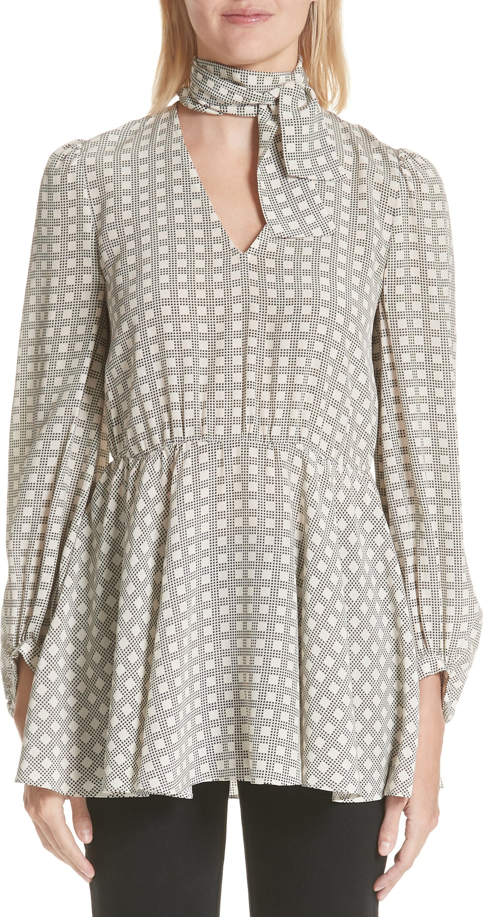 Co Houndstooth Plaid Tie Neck Silk Crêpe de Chine Blouse