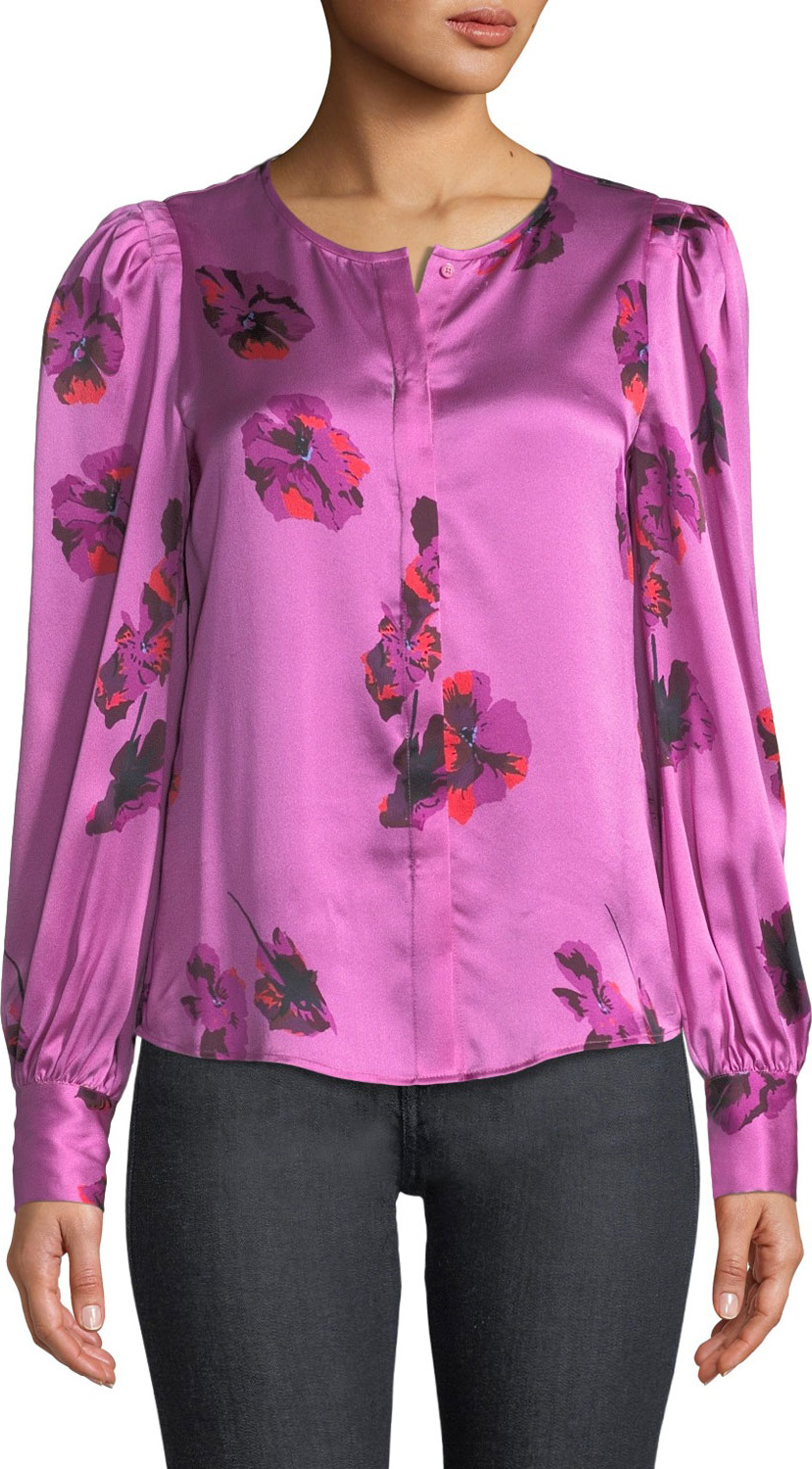 Joie Antonela Button-Front Long-Sleeve Floral-Print Satin Top