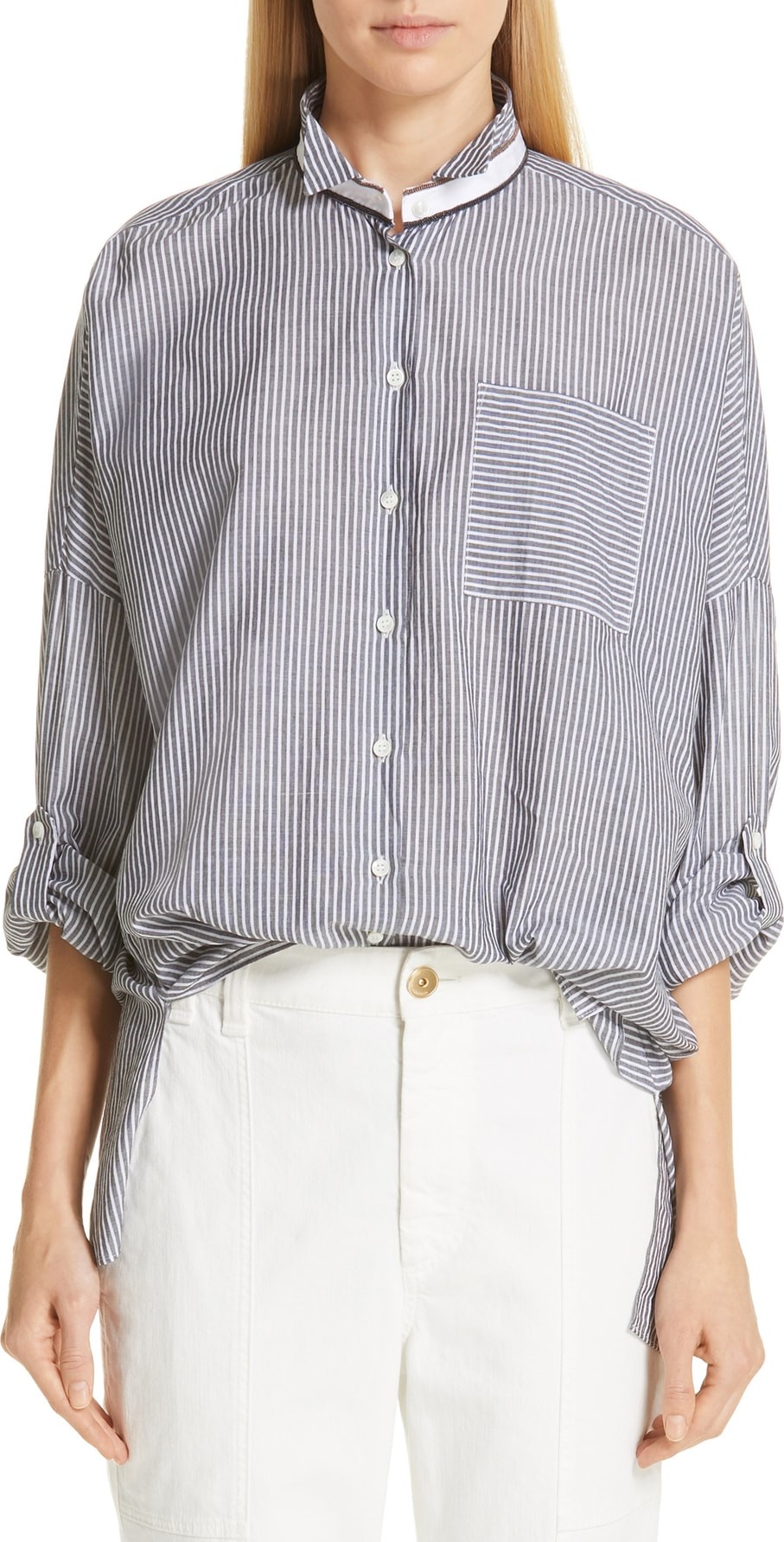 Brunello Cucinelli Monilli Trim Pinstripe Cotton & Silk Shirt