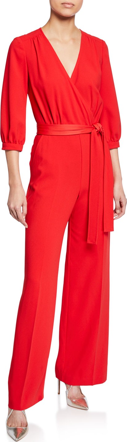 Trina Turk Mineral Surplice-Neck 3/4-Sleeve Carmel Crepe Jumpsuit