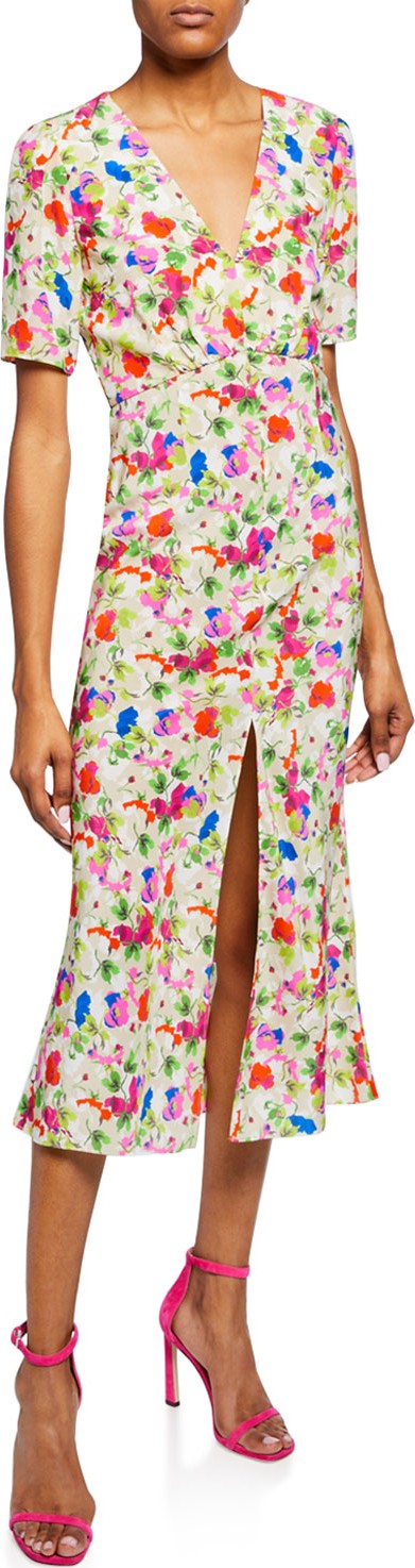 Saloni Eden Front-Slit Silk Floral Midi Dress