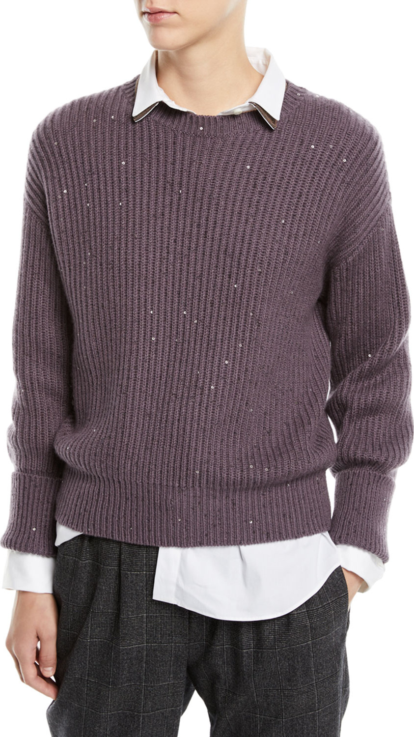 Brunello Cucinelli Long-Sleeve Paillette Ribbed Pullover Cashmere-Silk Sweater