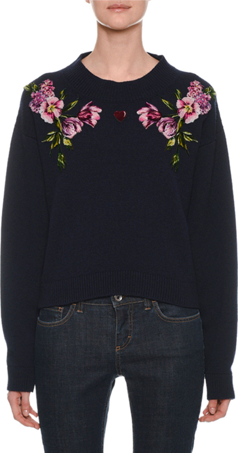 Dolce & Gabbana Crewneck Long-Sleeve Cashmere Sweater with Floral & Heart Applique