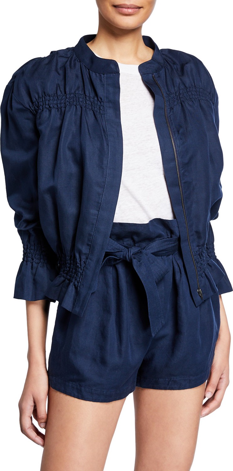 FRAME DENIM Smocked Zip-Front Linen Bomber Jacket