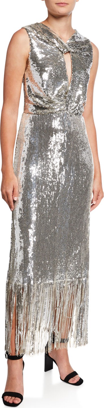 Rachel Comey Petra Sequined Twist-Front Fringe Cocktail Dress
