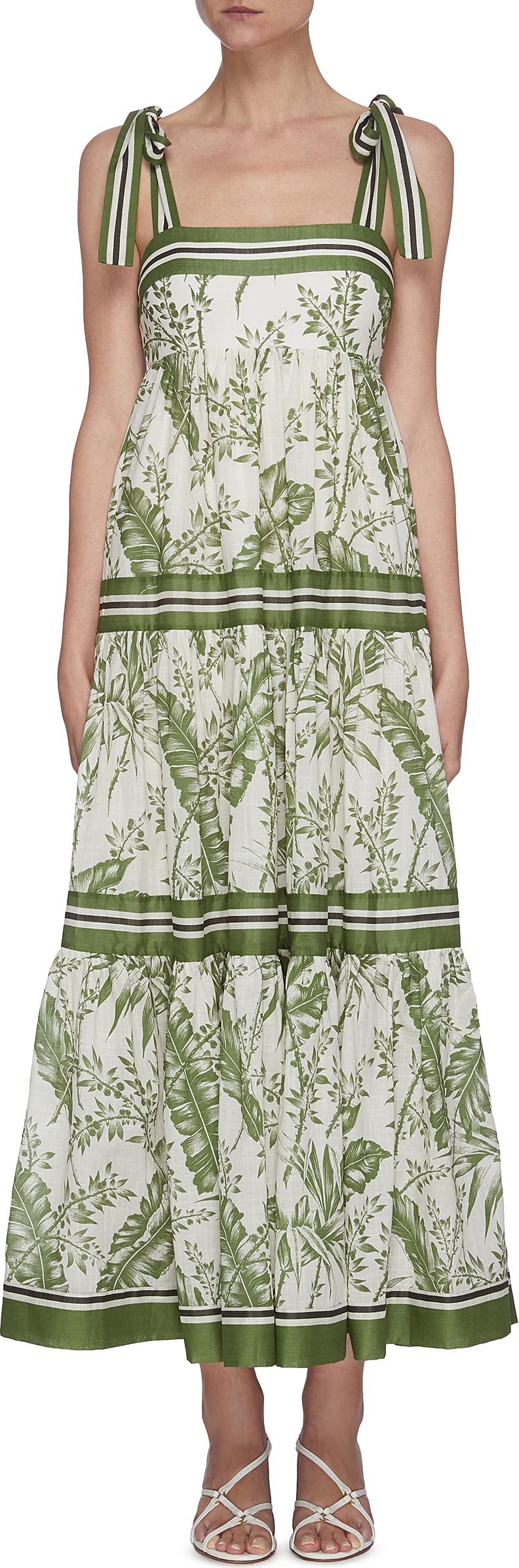 Zimmermann 'Empire' stripe tie shoulder contrast botanical print dress