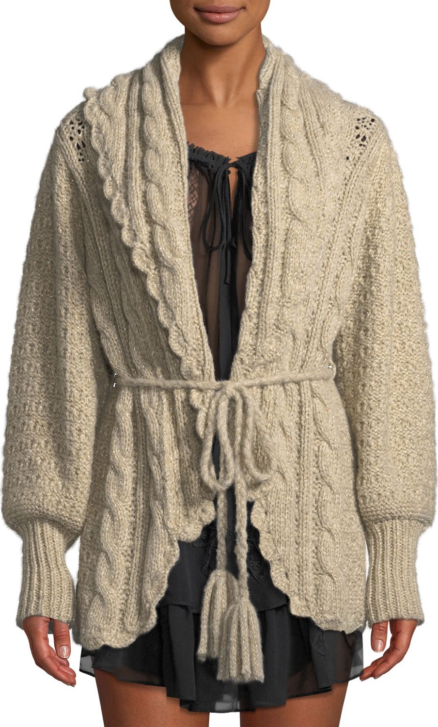 LOVESHACKFANCY Owen Shawl-Collar Alpaca Cable-Knit Cardigan Sweater