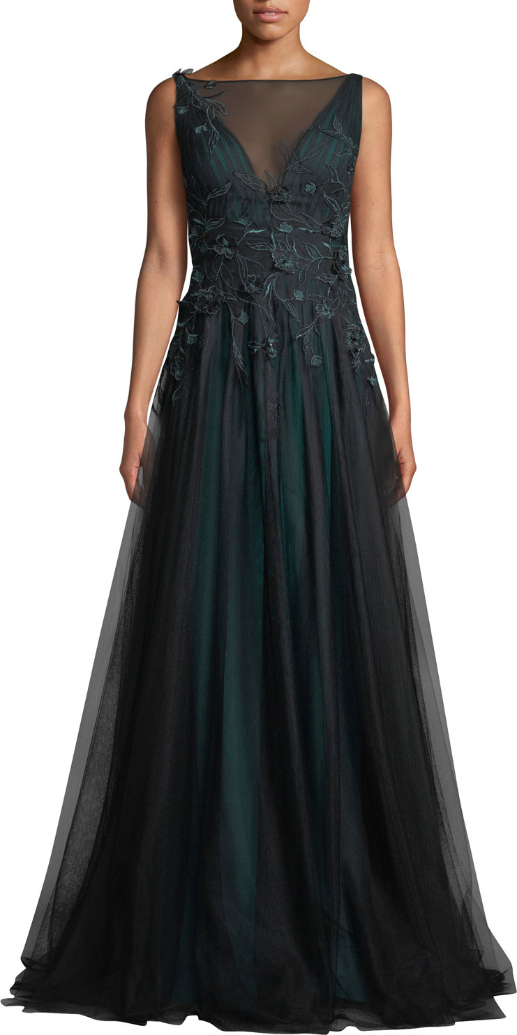 Rickie Freeman for Teri Jon Sleeveless Tulle Gown w/ 3D Flower Embroidery