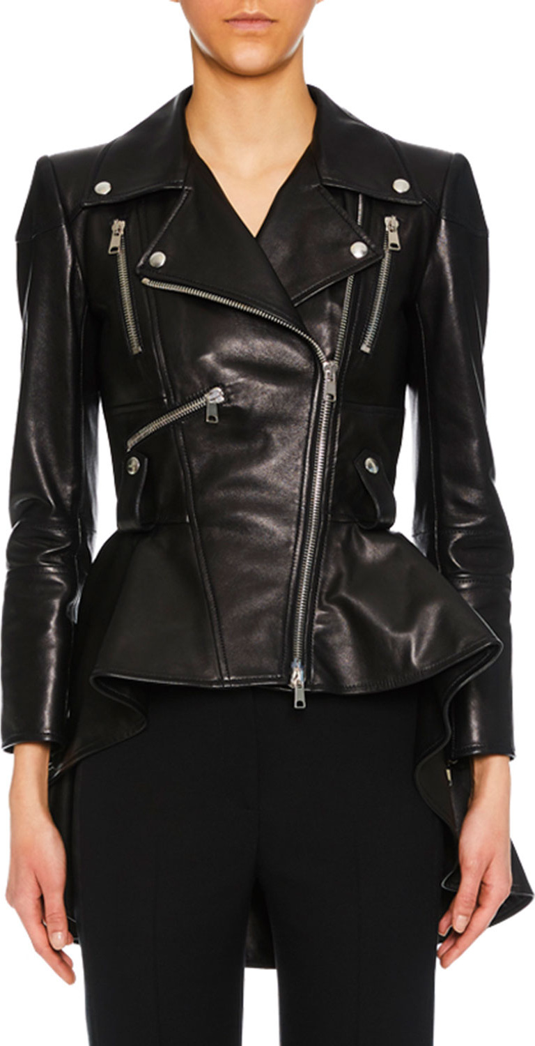 Alexander McQueen Zip-Front Peplum Leather Moto Jacket