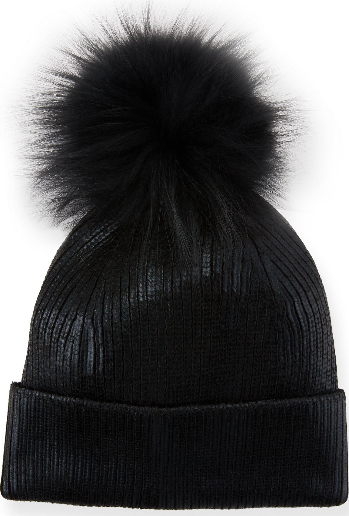 Jocelyn Metallic Fur-Pompom Beanie Hat