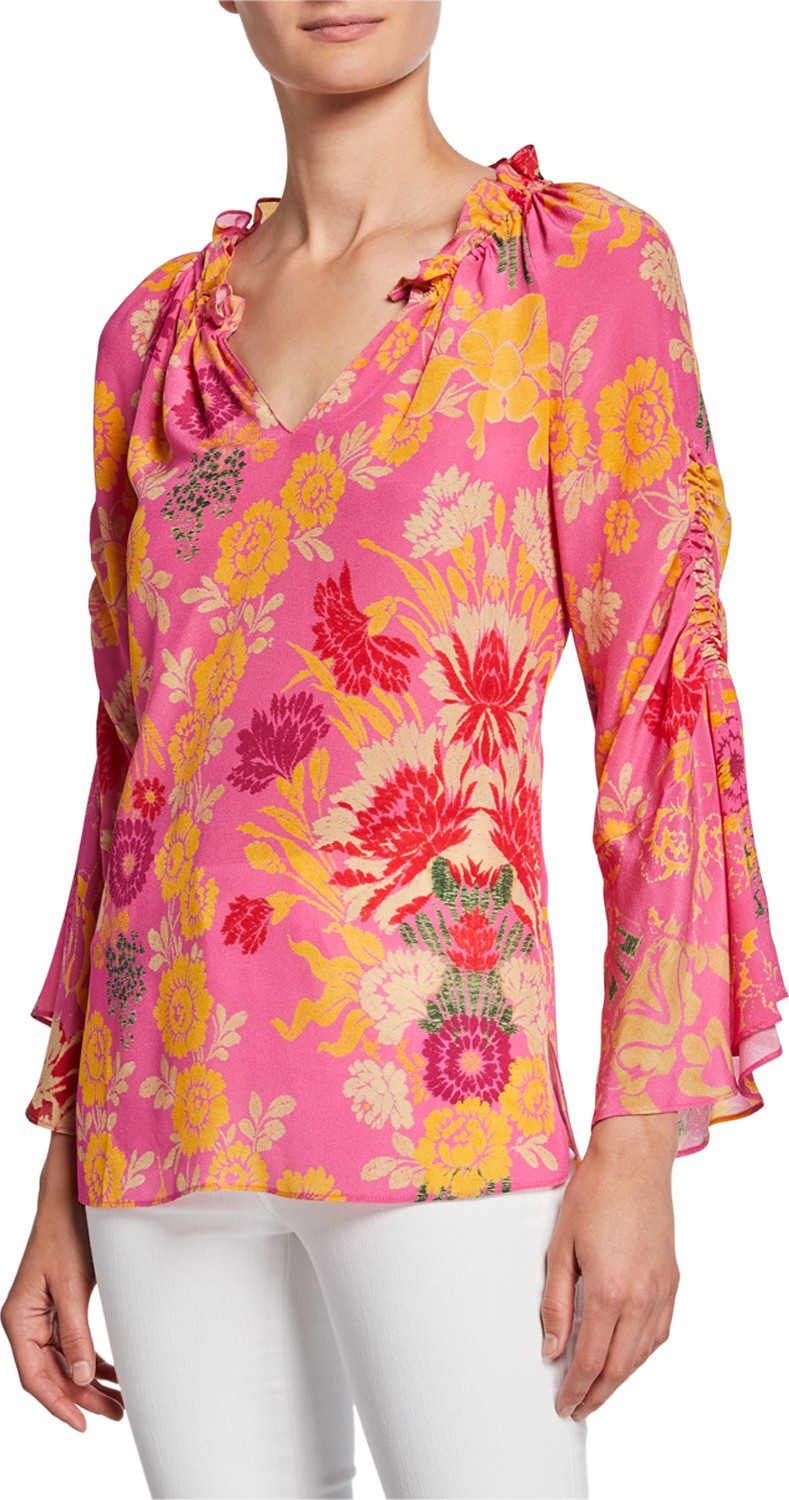 KOBI HALPERIN Jenna Floral-Print V-Neck Silk Blouse