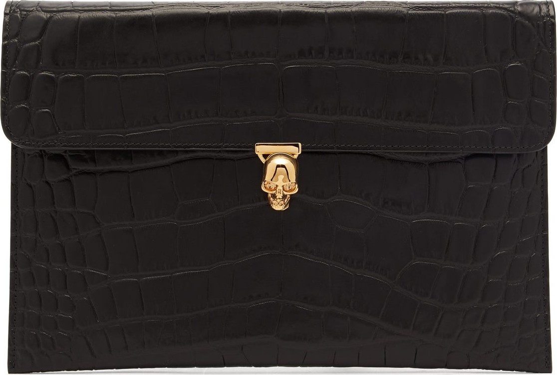 Alexander McQueen Skull crocodile-embossed leather envelope pouch