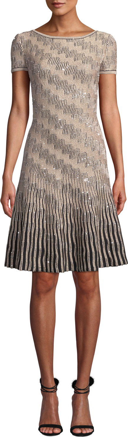 St. John Sequin Inlay Trellis Knit Short-Sleeve A-line Dress