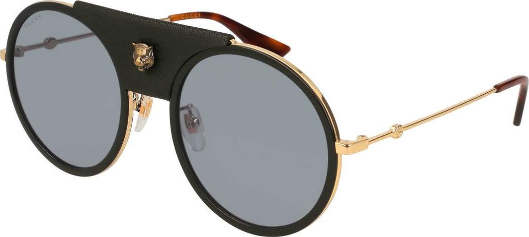 Gucci Round Web Sunglasses w/ Leather Trim, Gold/Black