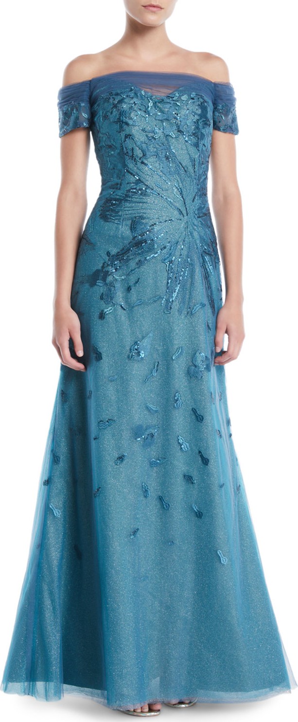 RENE RUIZ Off-Shoulder Gown w/ Metallic Flowers