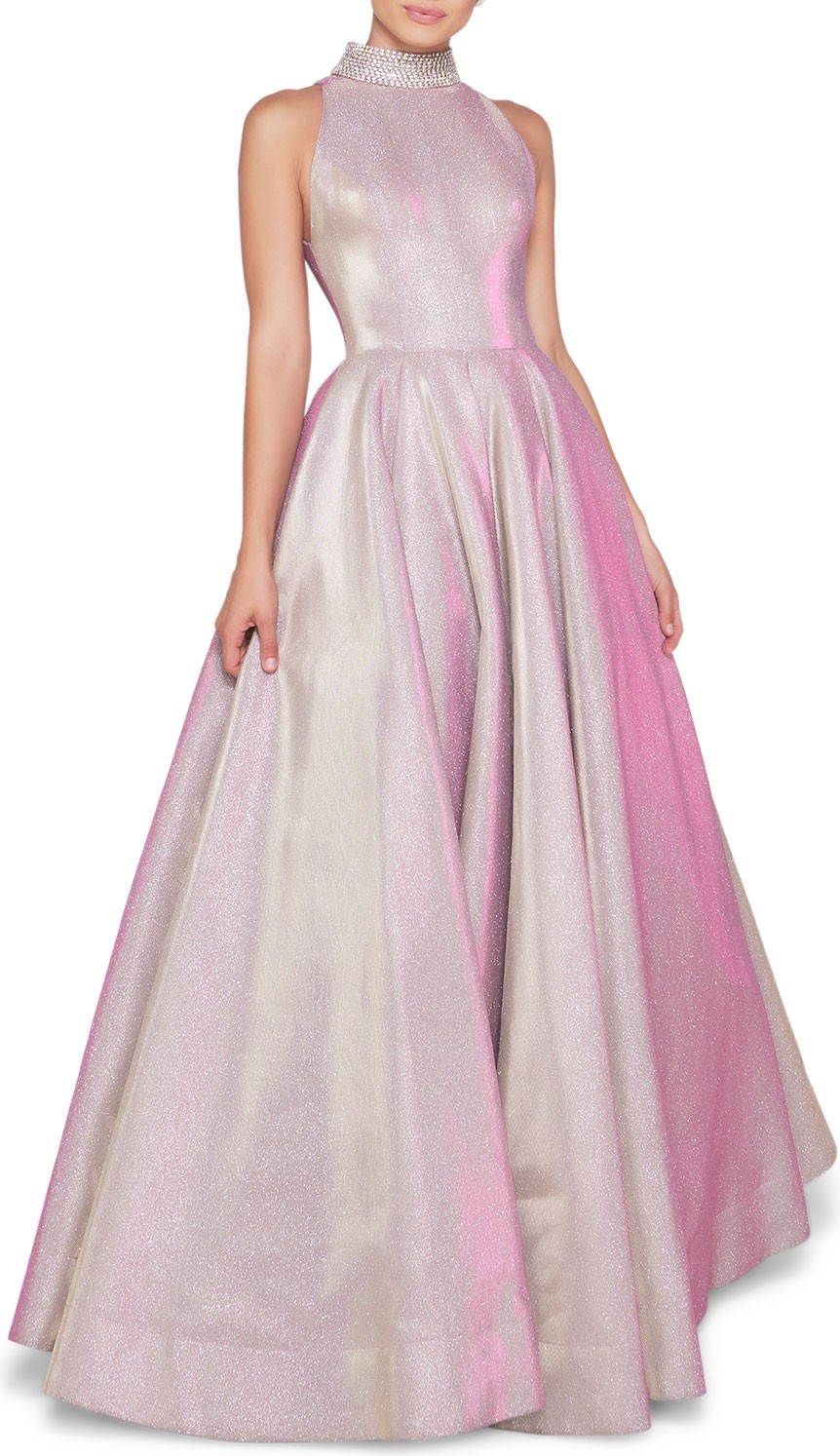 Ieena for Mac Duggal High-Neck Sleeveless Metallic Ball Gown with Beaded Collar