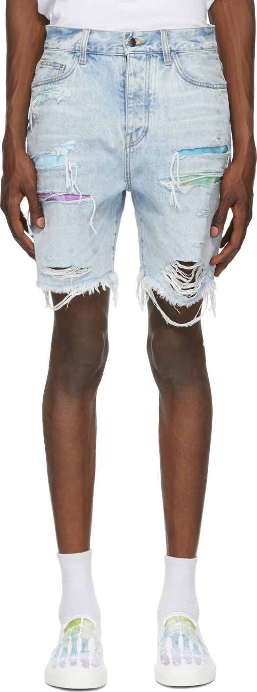 Amiri Blue Denim Watercolor Trasher Shorts