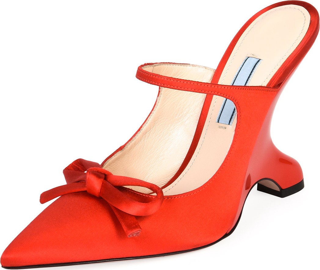 Prada Satin Bowed Sculptural Wedge Mules