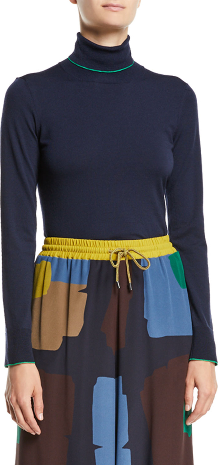 Piazza Sempione Turtleneck Long-Sleeve Wool Top w/ Contrast Piping