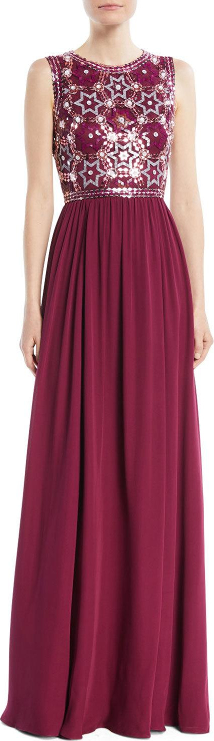 Jenny Packham Star-Sequin Embroidered Top with Chiffon Skirt Evening Gown