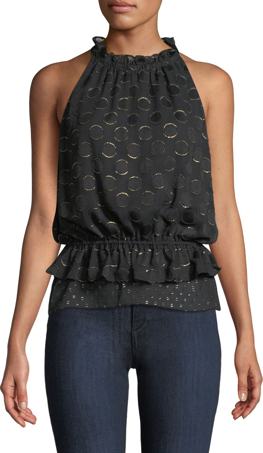 Ramy Brook Bobbi Ruffle Dot Applique Metallic Top Ramy Brook Bobbi Ruffle Dot Applique Metallic Top