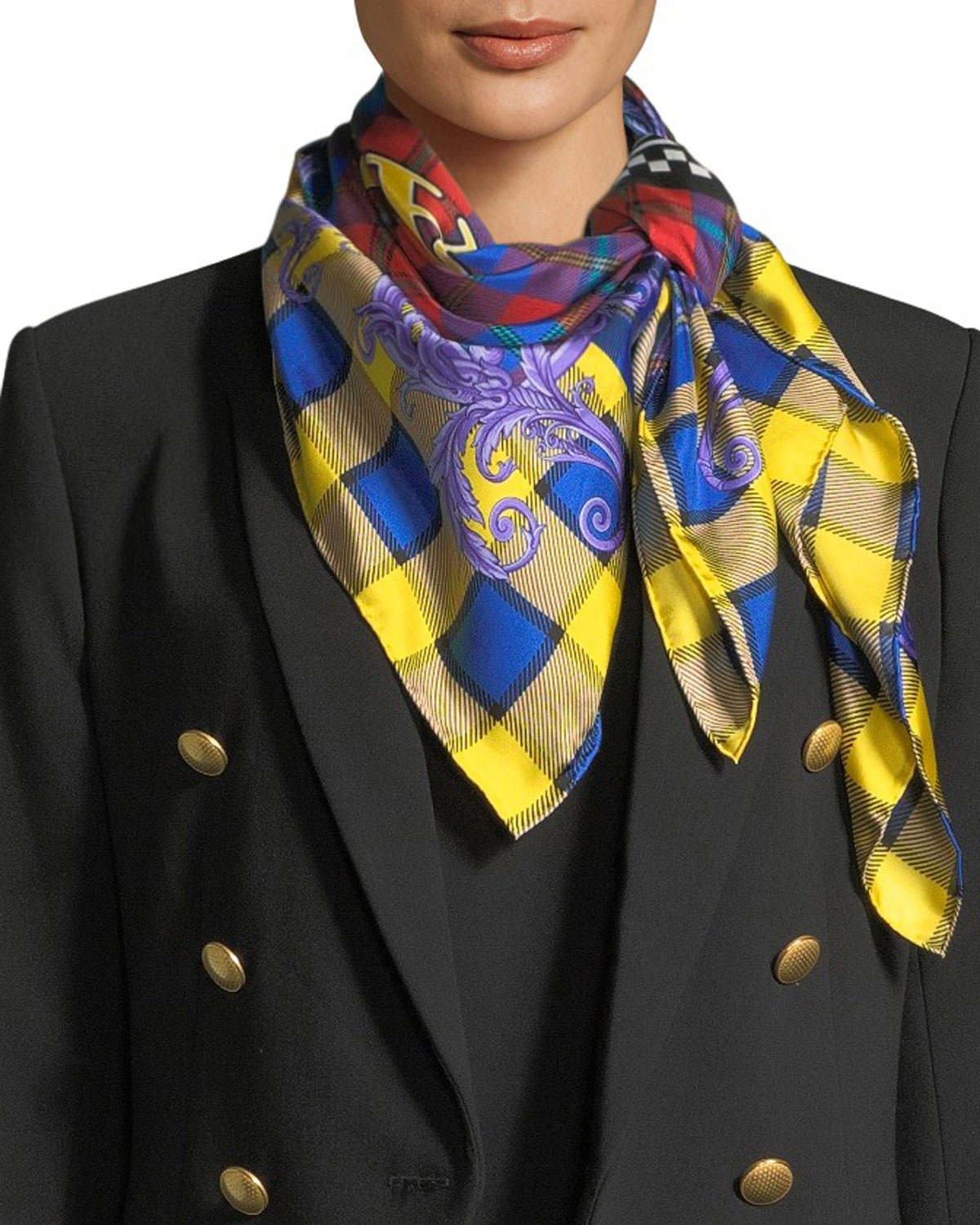 Versace Collection Square Plaid Silk Foulard Scarf with Mismatched Logo
