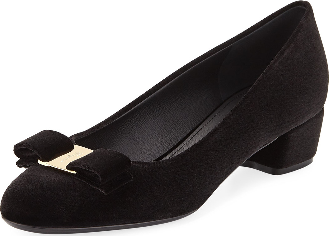 Salvatore Ferragamo Velvet Pumps with Vara Bow, Black