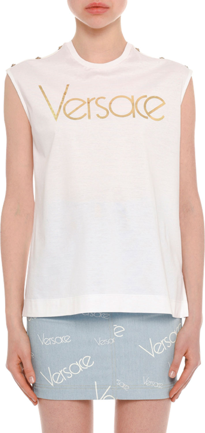 Versace Sleeveless Logo Button-Shoulder Cotton Top