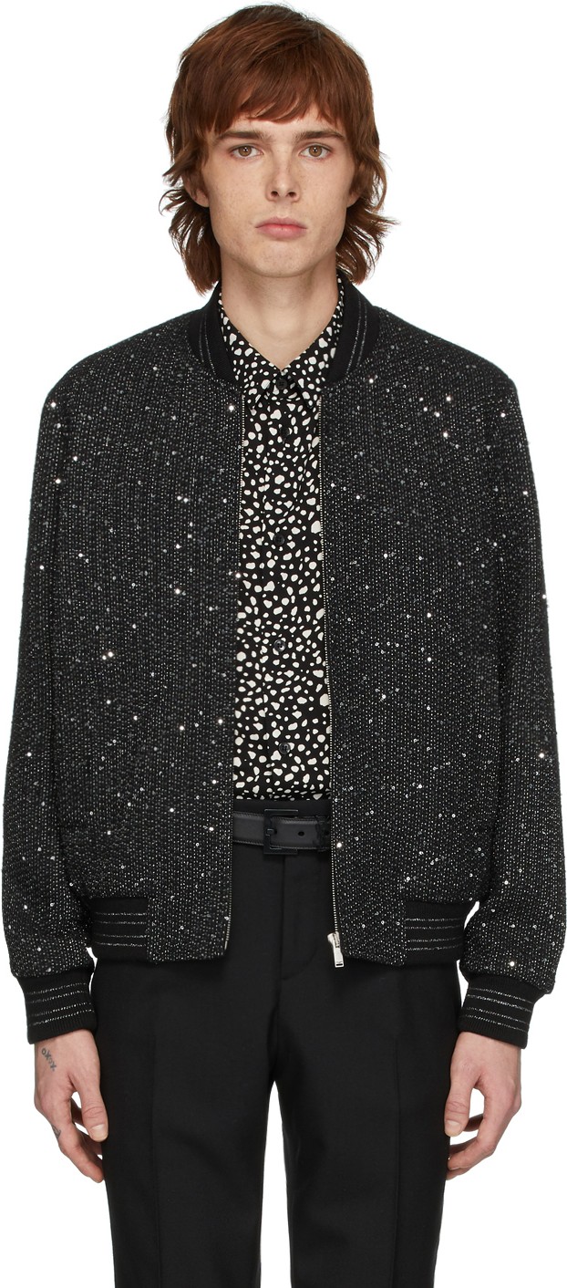 Saint Laurent Black & Silver Tweed Teddy Bomber Jacket