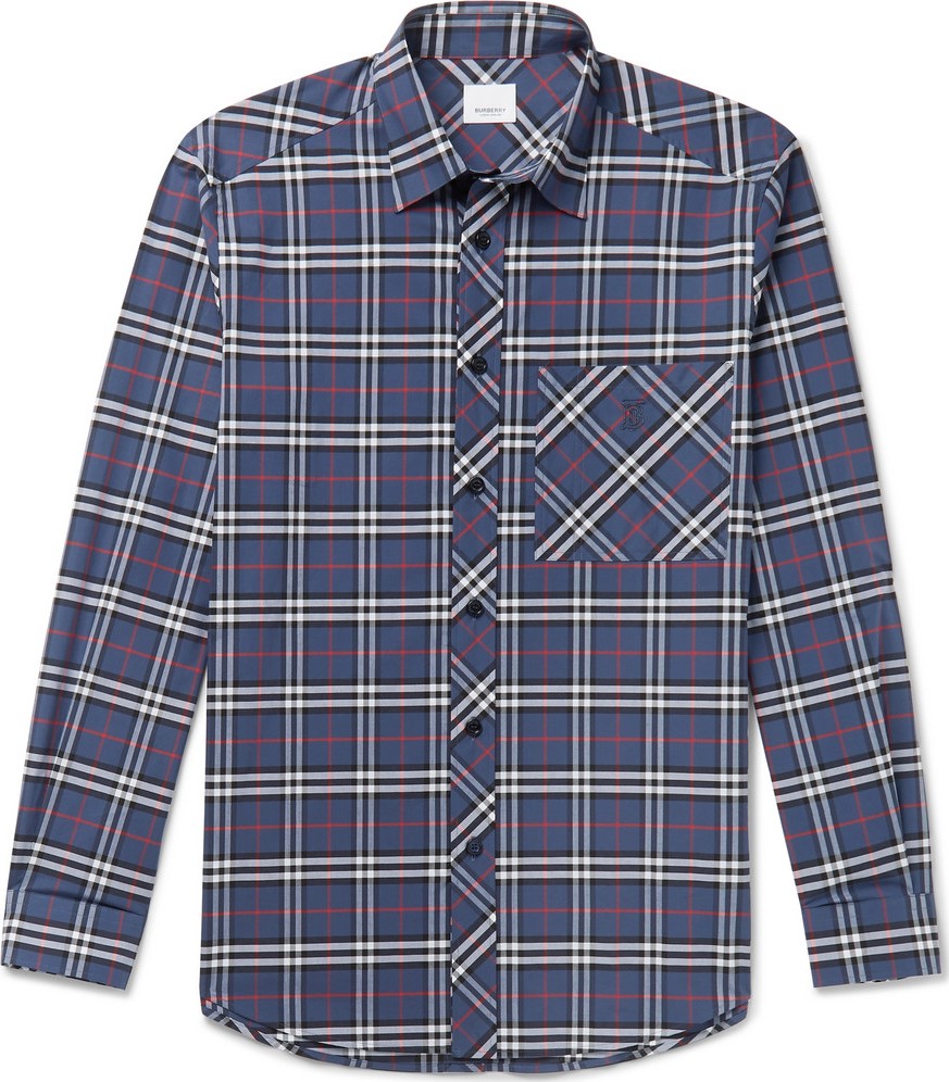 Burberry London England Logo-Embroidered Checked Stretch-Cotton Poplin Shirt