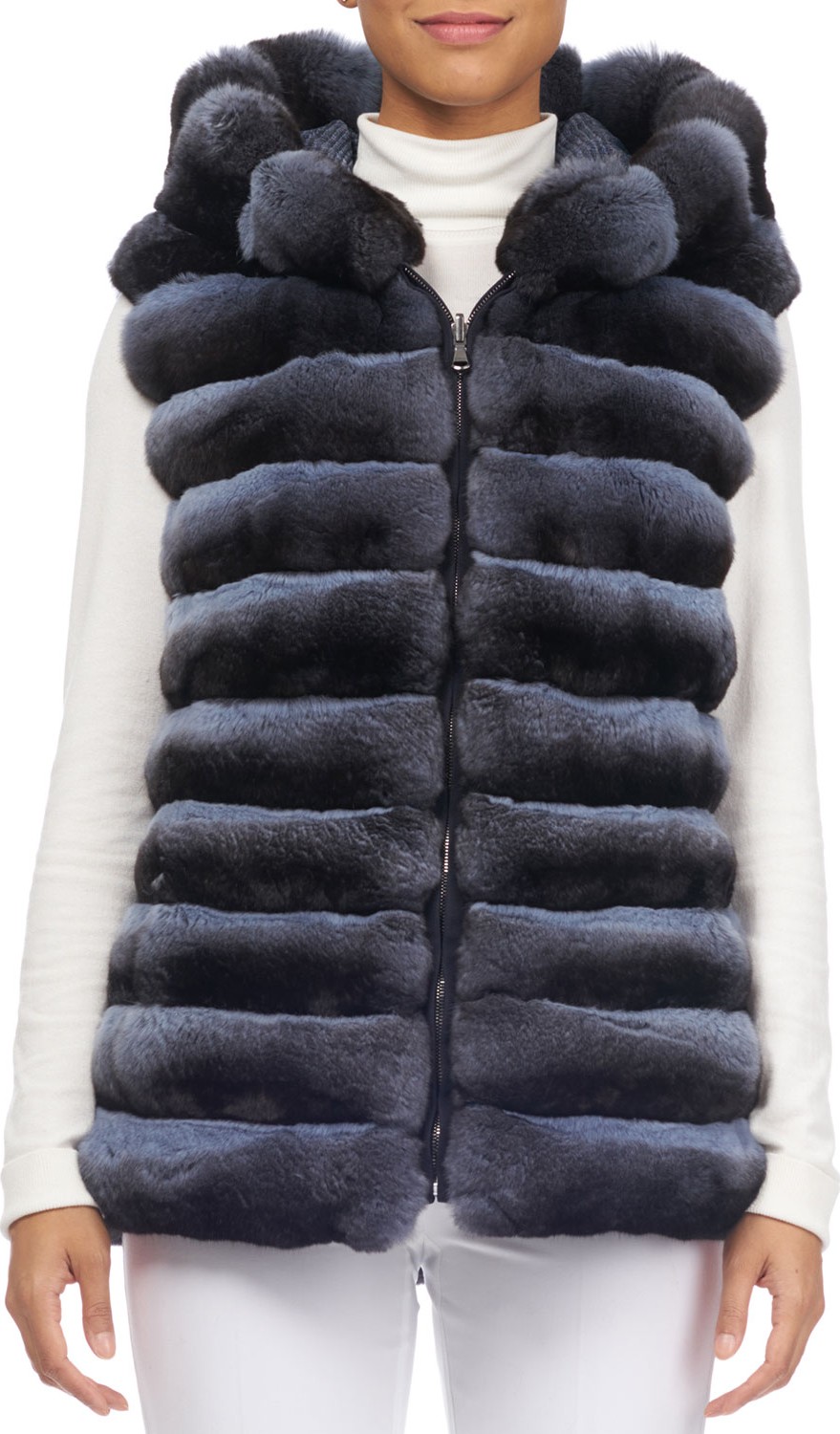 Norman Ambrose Zip-Front Hooded Reversible Chinchilla Fur Quilted Vest