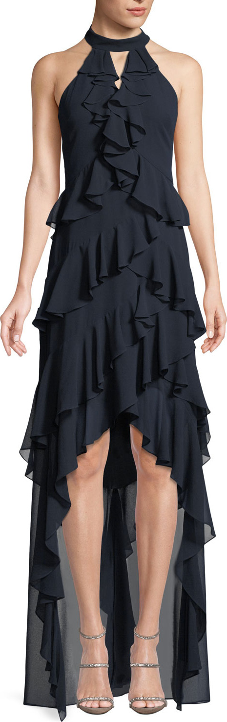 Badgley Mischka High-Low Georgette Ruffle Halter Gown