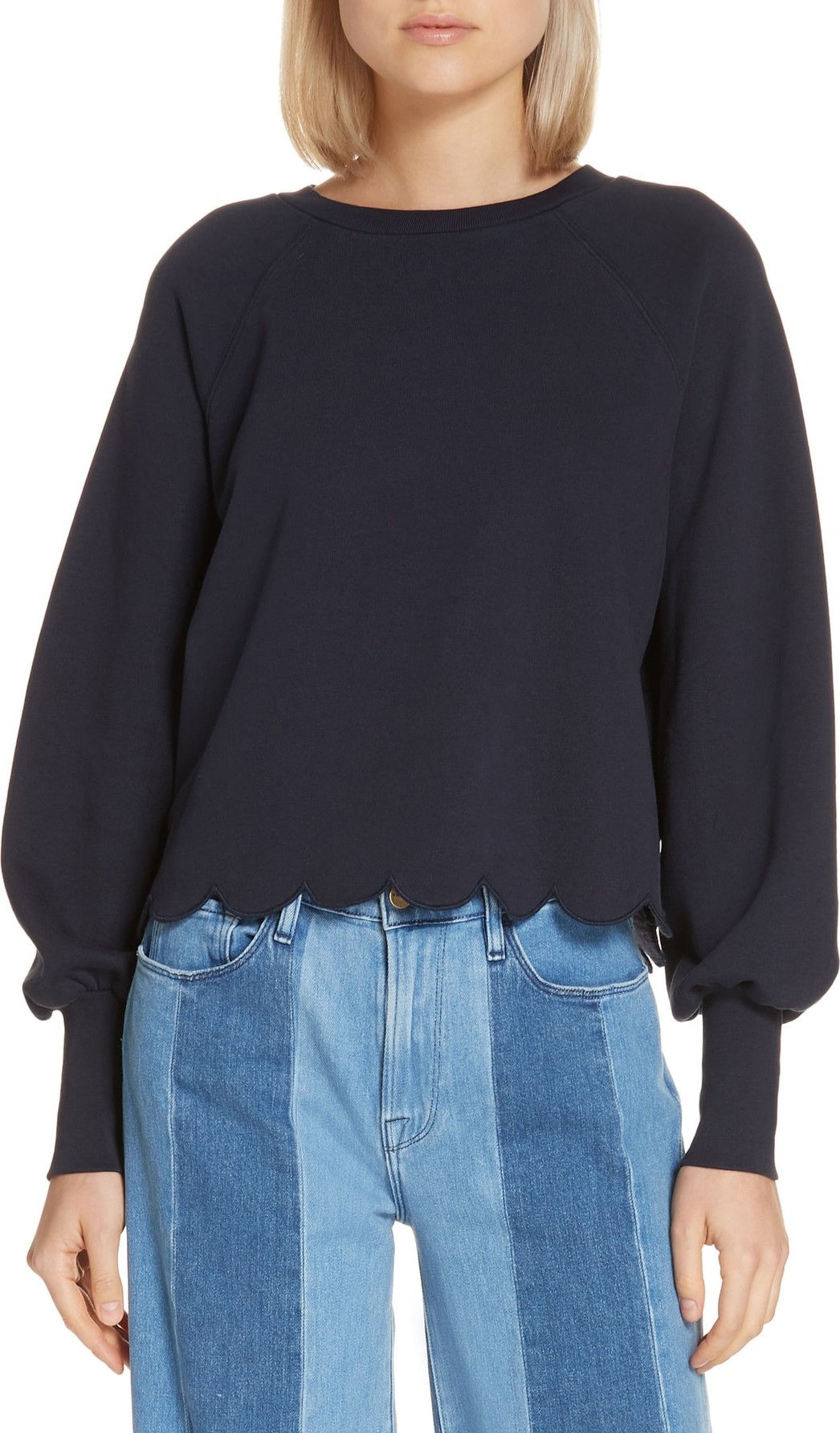 FRAME DENIM Scallop Hem Puff Sleeve Sweatshirt