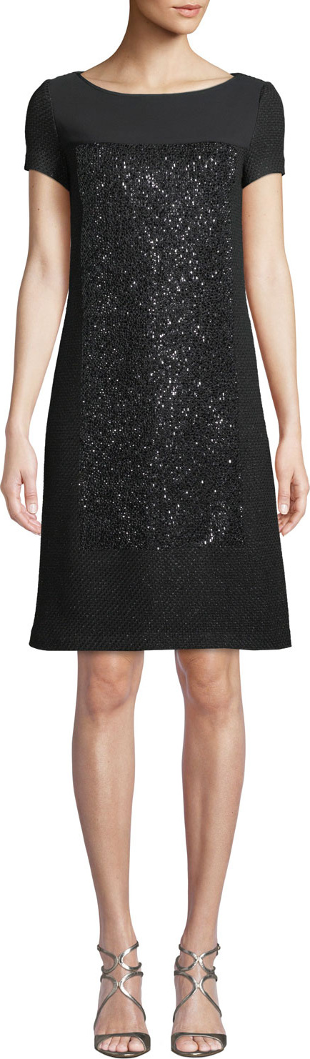 St. John Shimmer Basket Knit Short-Sleeve Cocktail Dress