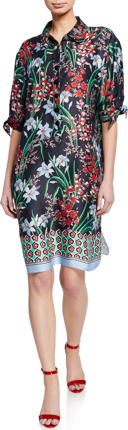 Rickie Freeman for Teri Jon Floral-Print Button-Front Elbow-Sleeve Shirtdress