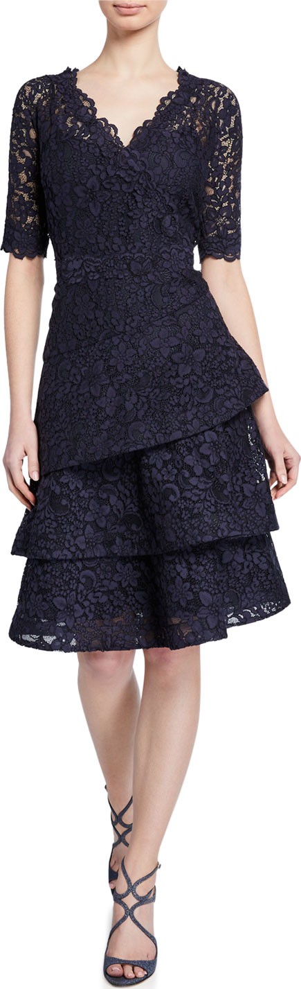 Rickie Freeman for Teri Jon Elbow-Sleeve Tiered Lace Dress