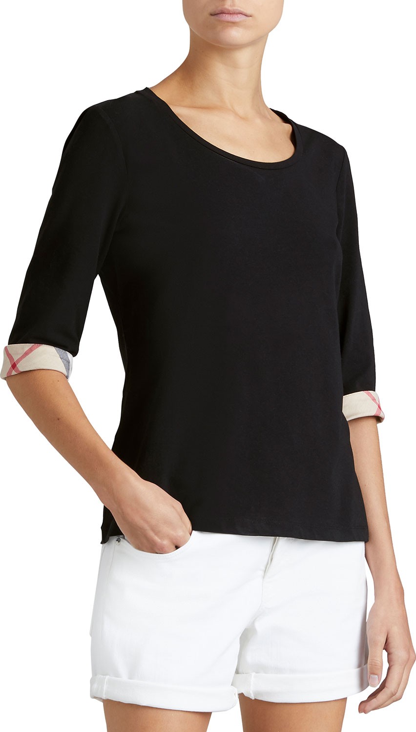 Burberry London England 3/4-Sleeve Check-Cuff Scoop Tee