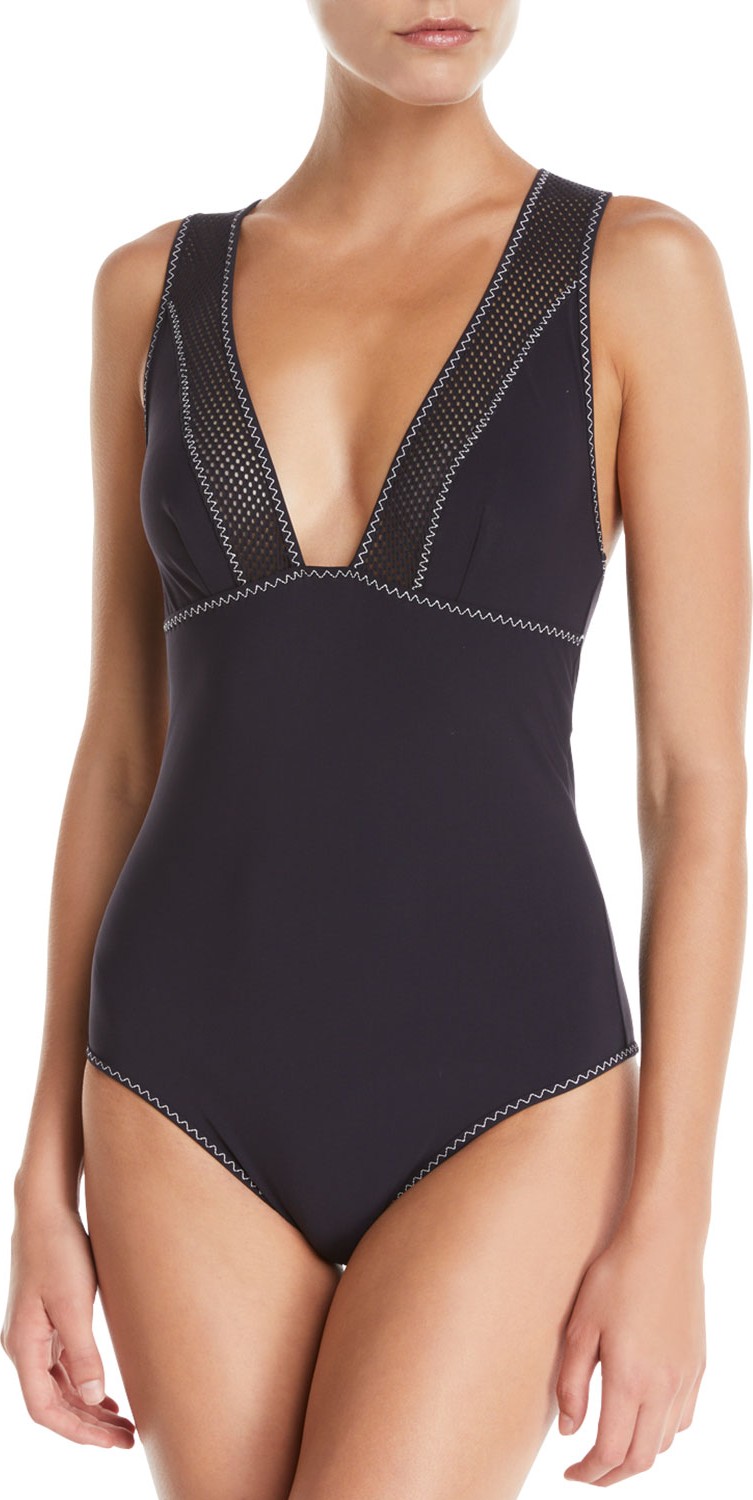 Stella McCartney V-Neck Racerback One-Piece Swimsuit with Contrast Stitching