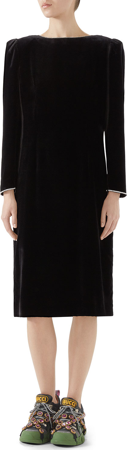 Gucci Long-Sleeve Back Bow Classic Silk-Viscose Velvet Dress w/ Crystal Trim