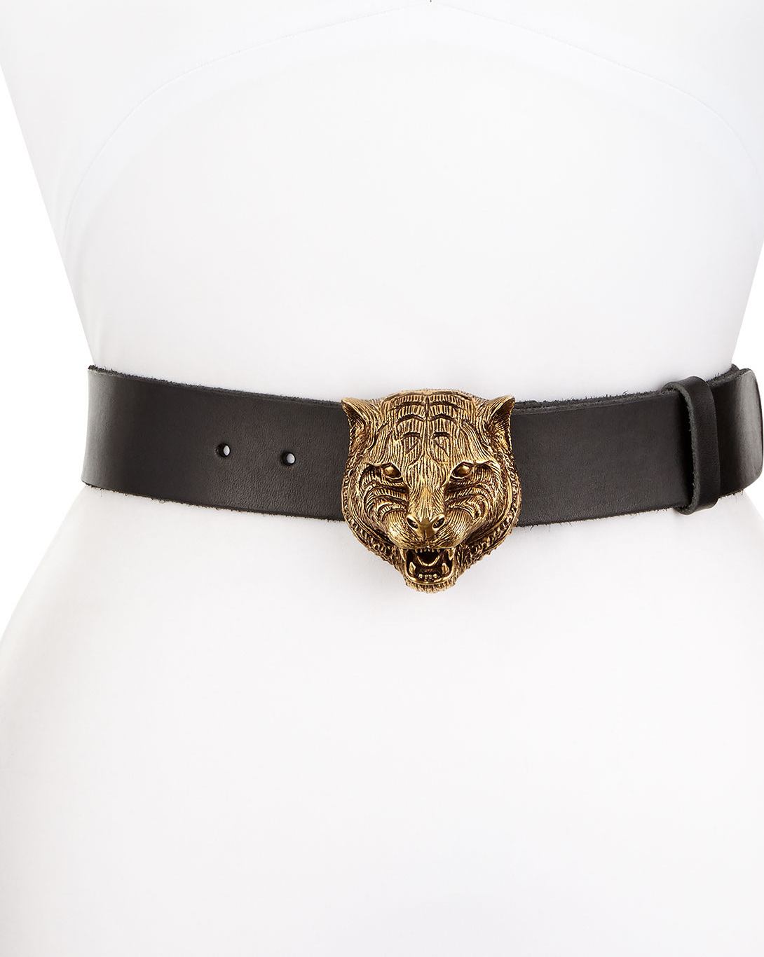 Gucci Leather Tiger-Buckle Belt, Black