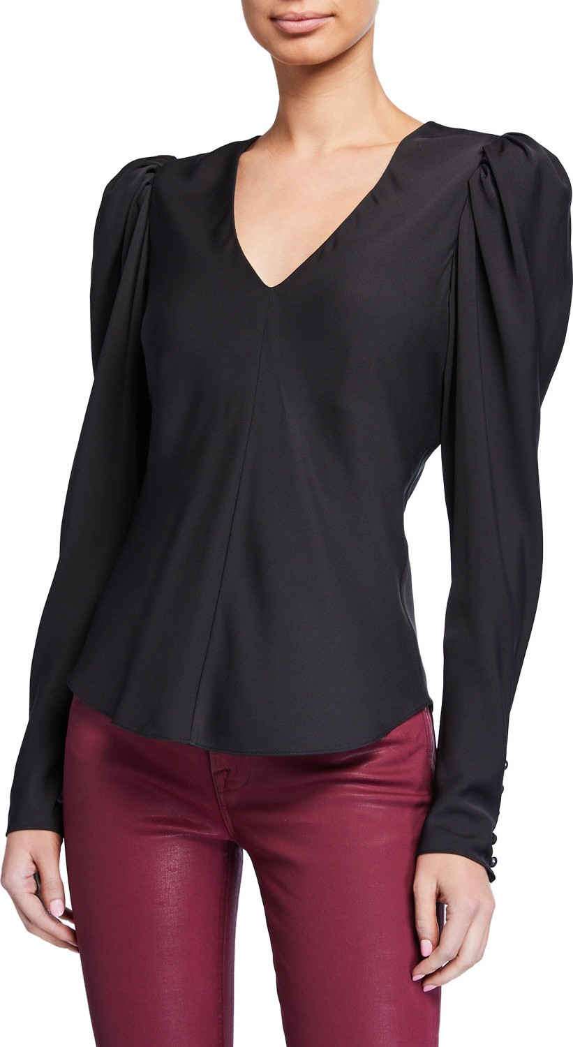 FRAME DENIM Shirred Puff-Sleeve V-Neck Top