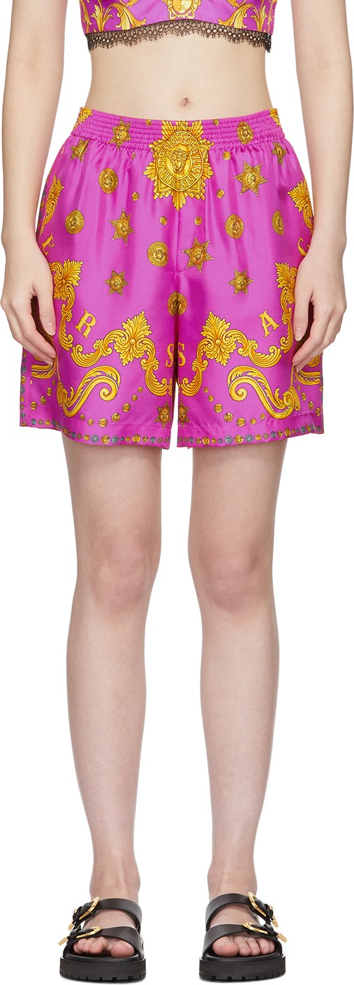 Versace Pink Silk Barocco Star Shorts
