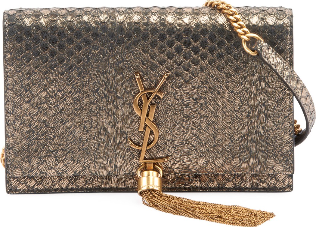 Saint Laurent Kate Monogram YSL Small Python-Effect Tassel Wallet on Chain - Golden Hardware