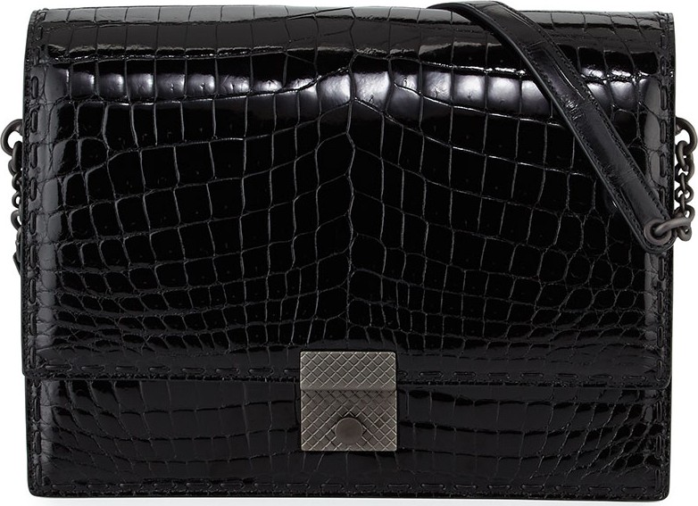 Bottega Veneta Crocodile 3/4-Flap Shoulder Bag, Black