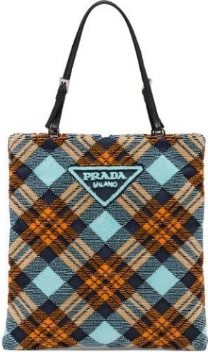 Prada - Logo-plaque plaid velvet tote bag