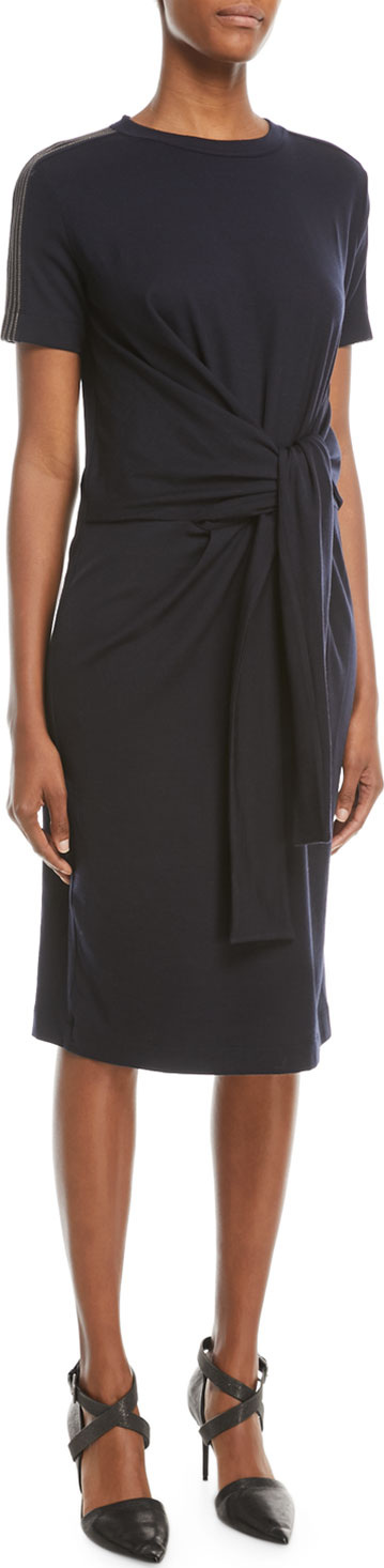 Brunello Cucinelli Short-Sleeve Tie-Waist Monili-Shoulder Dress